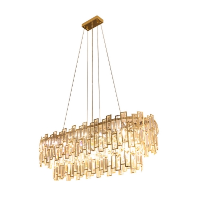Oval Crystal Block Chandelier Lamp Traditional 10 Heads Dining Room Suspension Light in Gold