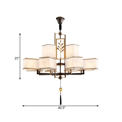 Rectangle Living Room Ceiling Chandelier Traditional Metal 4/6/8 Heads Black Hanging Light Fixture with White Fabric Shade