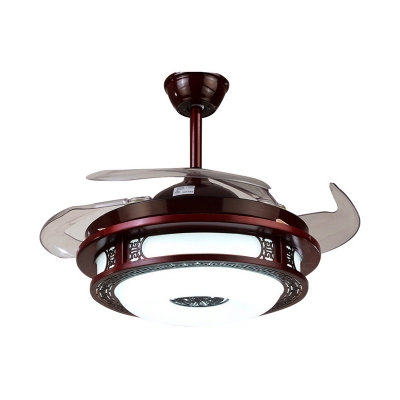 Red Brown Round Ceiling Fan Lamp Traditional Metal LED Study Room Semi Flush Light, Wall/Remote Control/Frequency Conversion
