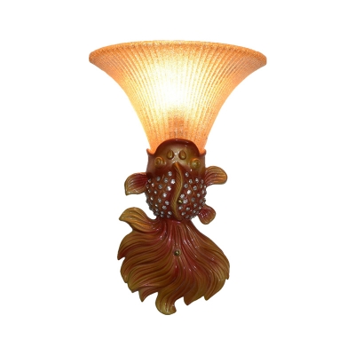 Resin Red/Gold Wall Lighting Fish Shape 1 Light Country Style Wall Sconce Lamp with Flared Amber Glass Shade