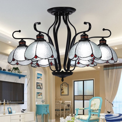Scalloped White/Blue/Yellow Glass Ceiling Chandelier Tiffany 6/8 Lights Black Hanging Light Kit for Living Room