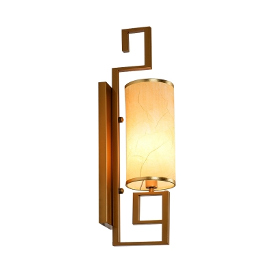 Single Light Metal Wall Sconce Traditionalist Gold/Black Cylinder Living Room Wall Mounted Light with White Fabric Shade
