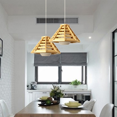 South-East Asia Hat Pendant Lamp Wood 1 Bulb Hanging Ceiling Light in Beige with Inner Ball White Glass Shade