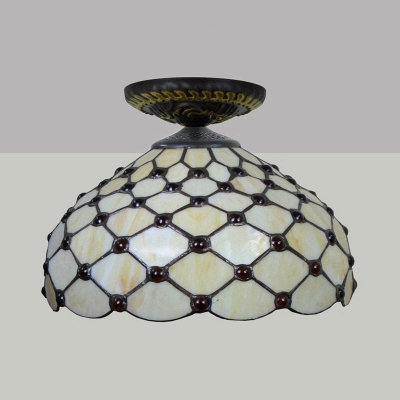 Stained Glass Beaded Ceiling Fixture Tiffany Single Head Bronze Flush Mount Light, 7.5