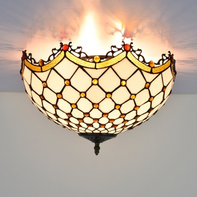 Tiffany Beaded Ceiling Light Fixture 3 Bulbs White Glass Flush Mount Lighting for Foyer