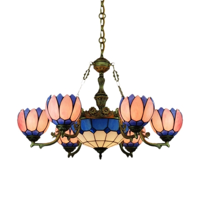 Tiffany Lotus Chandelier Pendant Light 7 Heads Hand-Crafted Glass Hanging Lamp Kit in Pink for Living Room