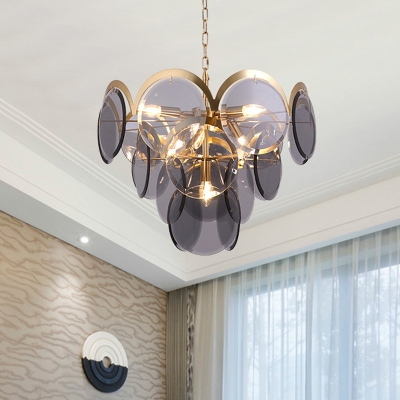 Tired Chandelier Light Modernist Style Smoke Gray/Amber Glass 6 Heads Bedroom Hanging Ceiling Light