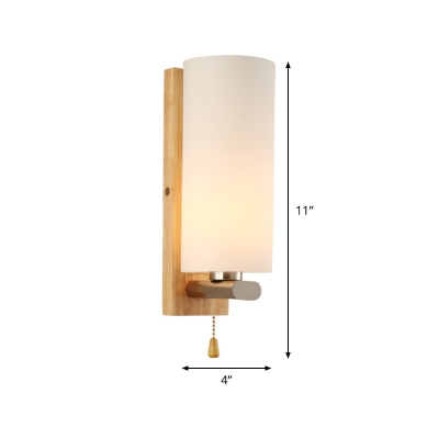 White Glass Cylindrical Sconce Light Modern 1 Bulb Beige Wall Mount Lighting with Rectangle Wood Backplate