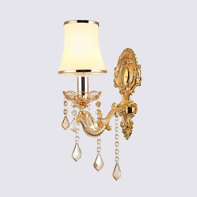 White Glass Flared Wall Mounted Lamp Vintage 1/2 Heads Living Room Sconce Light Fixture in Gold