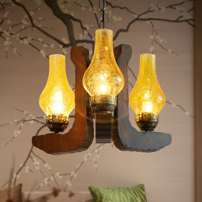 Yellow 3 Light Hanging Pendant Lights Rustic Wood and Glass Pendant Chandelier for Restaurant
