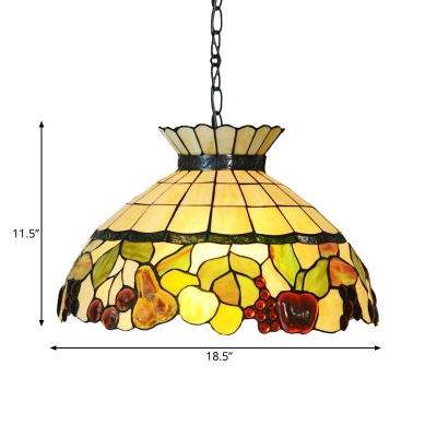 Yellow Stained Glass Pendant Chandelier Domed Shade 3 Lights Mediterranean Hanging Ceiling Light for Kitchen