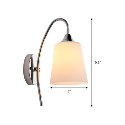 1 Bulb Conical Wall Lamp Modern Opal Frosted Glass Sconce Light Fixture in Chrome with Metal Curvy Arm