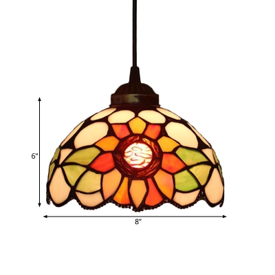1 Light Flower Pendant Lighting Fixture Victorian Beige/Red/Pink Stained Glass Drop Lamp for Dining Room