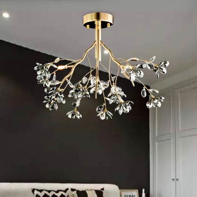 3 Heads Branch Ceiling Lamp Traditional Gold Crystal Flower Semi Flush Mount Light