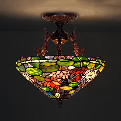 3 Lights Blossom Semi Flush Mount Mediterranean Red/Green Stained Glass Ceiling Mounted Fixture