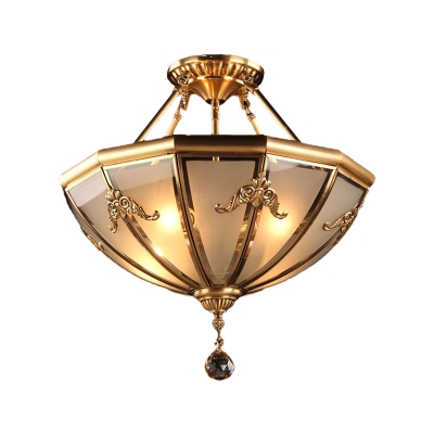 4-Light Opaline Glass Semi Flush Chandelier Traditionalism Brass Bowl Bedroom Ceiling Mount Light Fixture