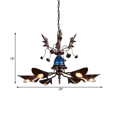 6-Light Bell Chandelier Traditional Blue Iron Hanging Pendant with Brown Conical Shade