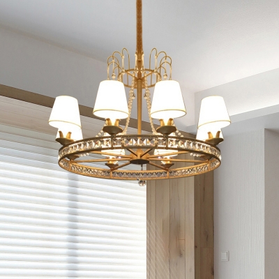 Antique Brass Wheel Chandelier Light Modernism 6 Heads Beveled Glass Crystal Pendant Lighting with Cone Fabric Shade
