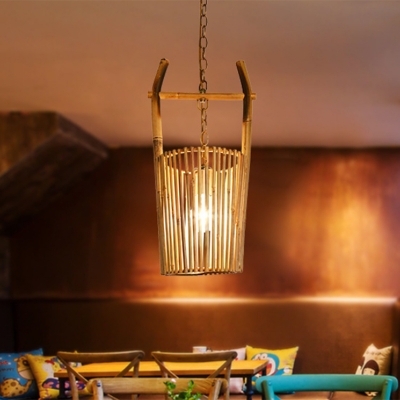 Barrel Shaped Bamboo Hanging Light Asia 1 Light Beige Suspension Pendant for Dining Room