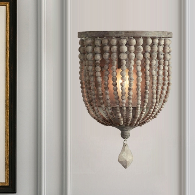 Beaded Wood Wall Mounted Light Fixture Classic Stylish 1 Light Bedroom Sconce in Grey