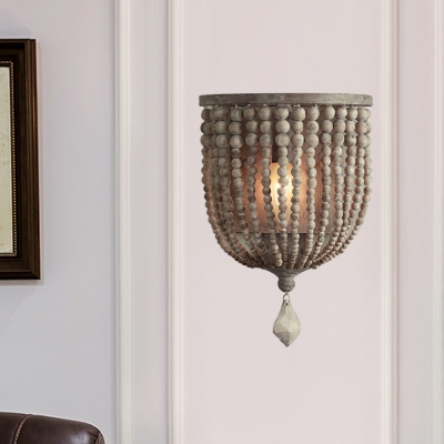 Beaded Wood Wall Mounted Light Fixture Classic Stylish 1 Light Bedroom Sconce in Grey