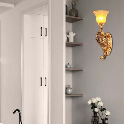 Bell Shade Bedroom Wall Light Retro Style Amber Glass and Resin 1 Bulb Bronze/Gold Finish Wall Sconce Lamp