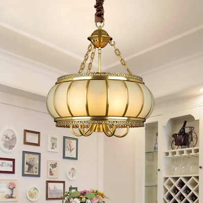 Brass Drum Hanging Chandelier Colonial Frosted White Opal Glass 4 Lights Living Room Ceiling Pendant