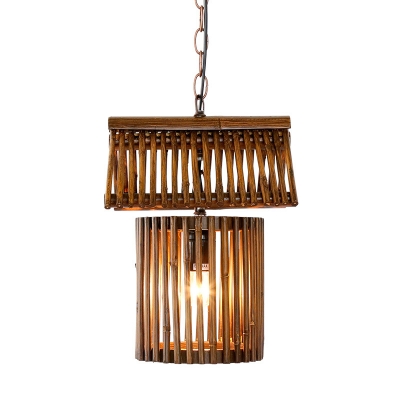 Brown House Shaped Pendant Lamp Asia 1 Light Bamboo Hanging Ceiling Light for Dining Room
