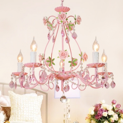 Candle Living Room Ceiling Chandelier Traditional K9 Crystal 3/5/8 Heads Pink Hanging Light Fixture