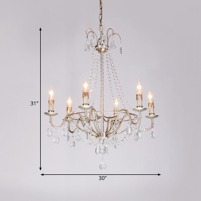 Candle-Style Living Room Hanging Chandelier Countryside Crystal 6 Lights Silver Suspension Lamp
