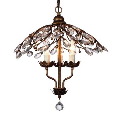 Candle Teardrop Crystal Chandelier Light Vintage 3 Heads Bedroom Ceiling Lamp in Brass