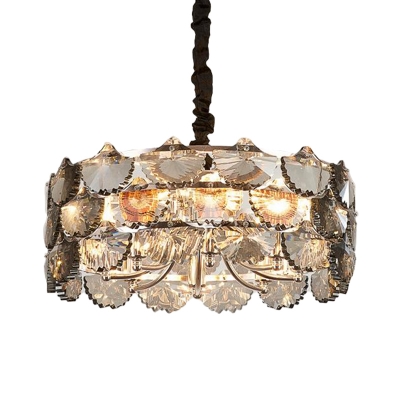 Clear Crystal Drum Hanging Chandelier Modern 6 Lights Gold Ceiling Lamp for Kitchen