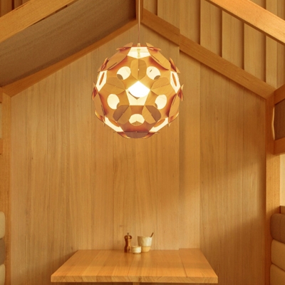 Contemporary 1 Bulb Hanging Lamp Beige Sphere Suspension Pendant Light with Wood Shade