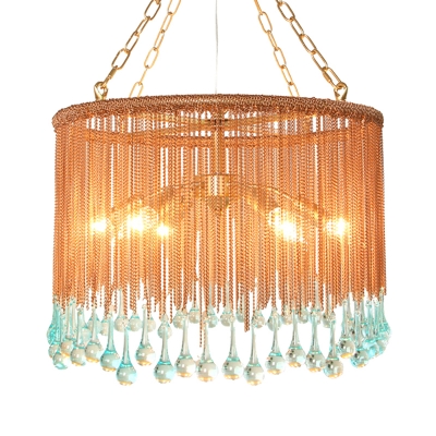 Copper Round Ceiling Lamp Traditional Crystal Drop 6 Lights Living Room Hanging Chandelier