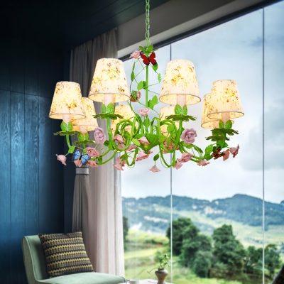 Countryside Barrel Chandelier Lighting Fixture 8 Heads Fabric Pendant Ceiling Light in Green for Living Room