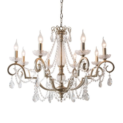 Countryside Candle Chandelier Lamp 3/6/8 Lights Crystal Pendant Light in Silver for Living Room