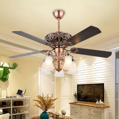 Cream Prismatic Glass Brown Ceiling Fan Lighting Bell 5 Heads Vintage Semi Flush Light Fixture for Bedroom
