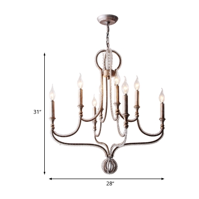 Crystal Candelabra Chandelier Lamp Countryside 8 Lights Living Room Hanging Ceiling Light in Aged Silver