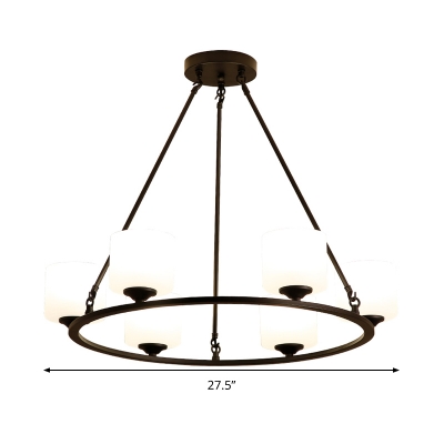 Drum White Glass Ceiling Chandelier Light Modernist Style 6/8 Lights Black Finish Hanging Lamp for Living Room