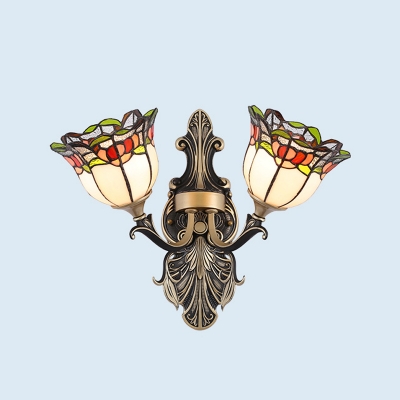 Flower Wall Mounted Light Fixture Mediterranean Style Stained Art Glass 2 Lights White/Red Sconce for Bedroom
