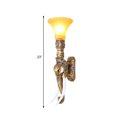 Gold 1 Light Sconce Lamp Country Stylish Resin Elephant Design Wall Light with Bell Amber Glass Shade