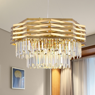 Gold 2 Tiers Hanging Light Postmodern 8/12 Heads Tri-Sided Crystal Rod Chandelier Light
