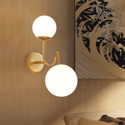 Gold Armed Wall Lighting Contemporary 2 Bulbs Metal Sconce Light Fixture with Opal Glass Shade