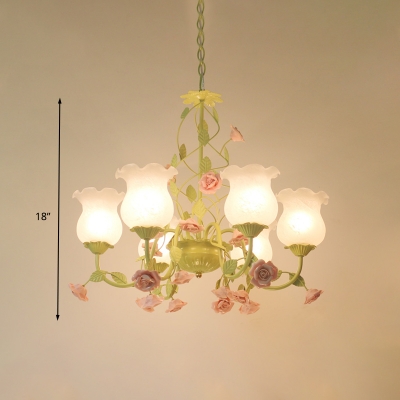 Green 6 Heads Chandelier Lighting Traditionalism Opal Glass Blossom Pendant Ceiling Light for Living Room