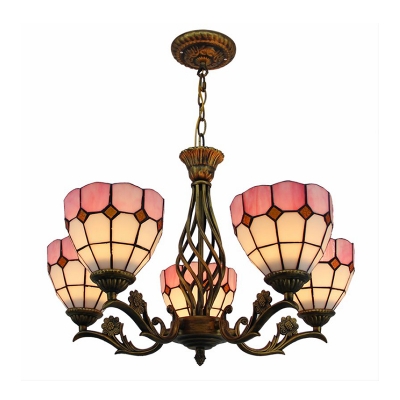 Grid Ceiling Chandelier 5 Lights Stained Art Glass Mediterranean Hanging Lamp in Pink for Living Room