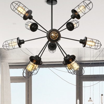 Industrial Style Sputnik Chandelier Lighting Metal 9/12/15 Lights Living Room Pendant Light with Cage Shade in Black