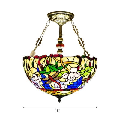 Mediterranean Dragonfly Semi Flush Mount 5 Lights Stained Glass Ceiling Light Fixture in Brass