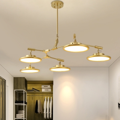 Metal Disc Chandelier Lamp Postmodern 3/5 Heads Gold Pendant Light Fixture in Warm/White Light