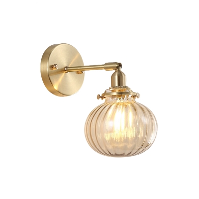 Minimalist Single Wall Light Golden Metal Bent Arm Sconce Lighting Fixture with Champagne/Clear Ribbed Glass Globe Shade