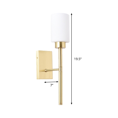 Modern 1 Bulb Sconce Light Brass Cylindrical Wall Lighting Fixture with White Glass Shade